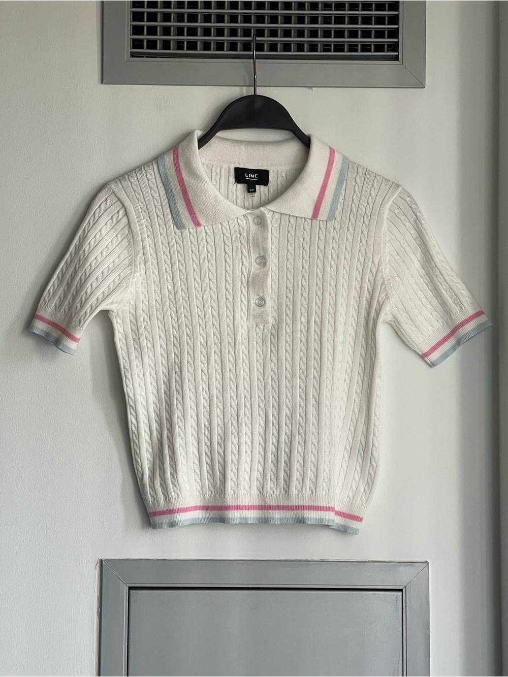 LINE White Cable Knit Polo Short Sleeve Top with Pink & Blue Trim